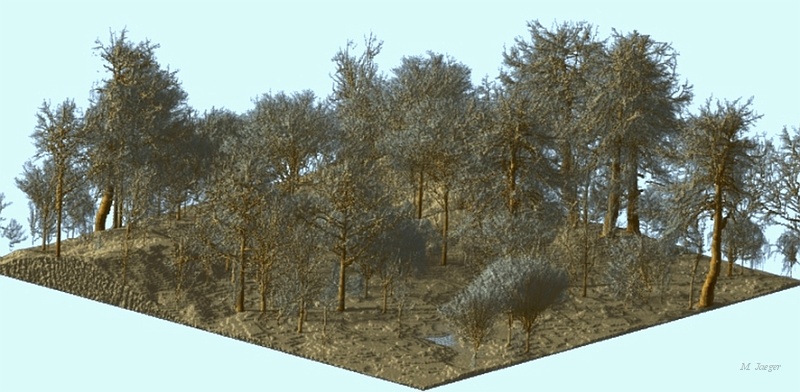 Foggy006bis.jpg - Small Wood scene discretized to Voxel Space. Biomass production (wood volume) is shown. // LIAMA Beijing - Cirad AMAP // 2004