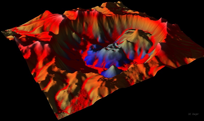 Ruissel1.jpg - Cratera. DEM height in Temperature False colors with Cumulated Runoff in Red. // INRIA DigiPlante - Cirad AMAP //  2006