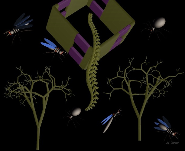 newmod.jpg - Some output of a generic pattern modeler. This prototype also includes stochastic geometrical relation ships. // Cirad AMAP // 1990